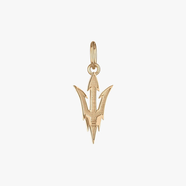 A gold-colored metal charm in the shape of a pitchfork, designed as a piece of jewelry.