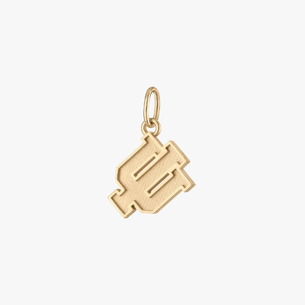 Gold pendant with a geometric design on a white background