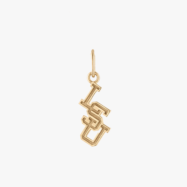 A gold LSU letter charm, designed in the shape of the Louisiana State University logo.