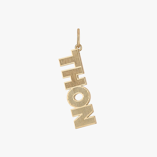 A gold-colored nameplate charm spelling 'THON' in a vertical orientation with a textured, ribbed design, shown on a plain light gray background.