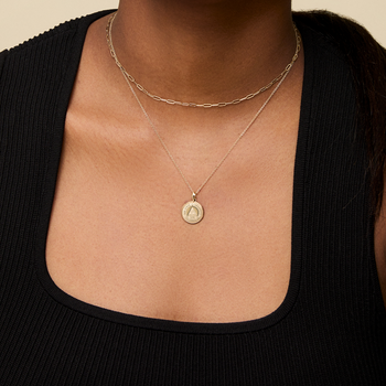 Ohio State Sunburst Necklace shown on figure in gold with the Link Chain Choker Necklace in gold