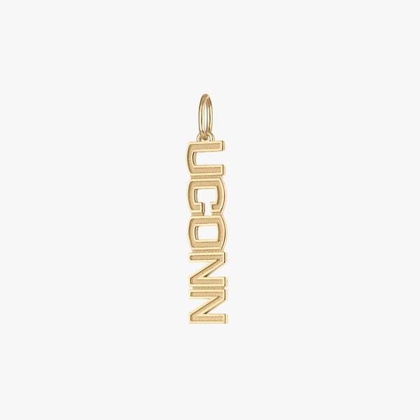 Gold pendant with 'UCONN' text on a white background