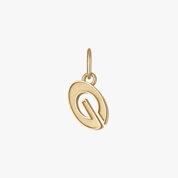 Gold pendant with a letter 'G' design on a white background