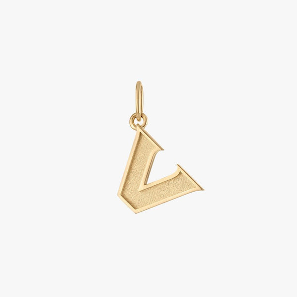 Gold letter 'V' pendant on a white background