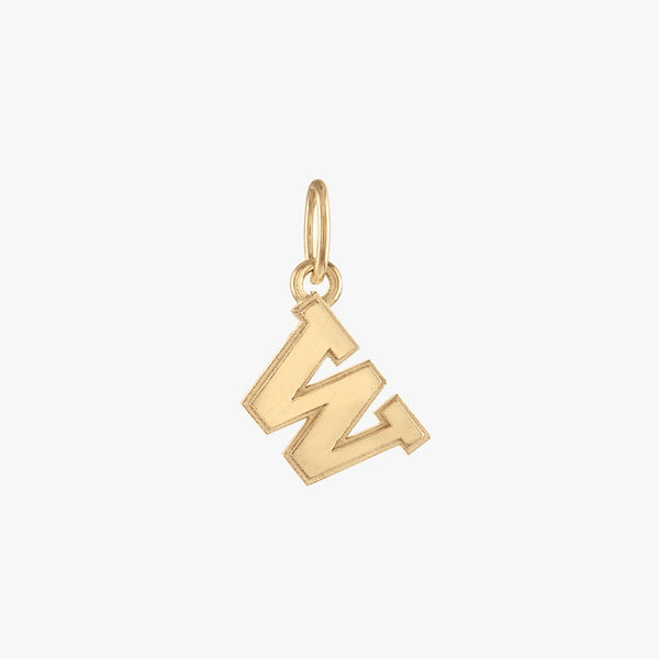 A gold-colored charm in the shape of the letter 'W', with a satin finish, suspended by a loop.