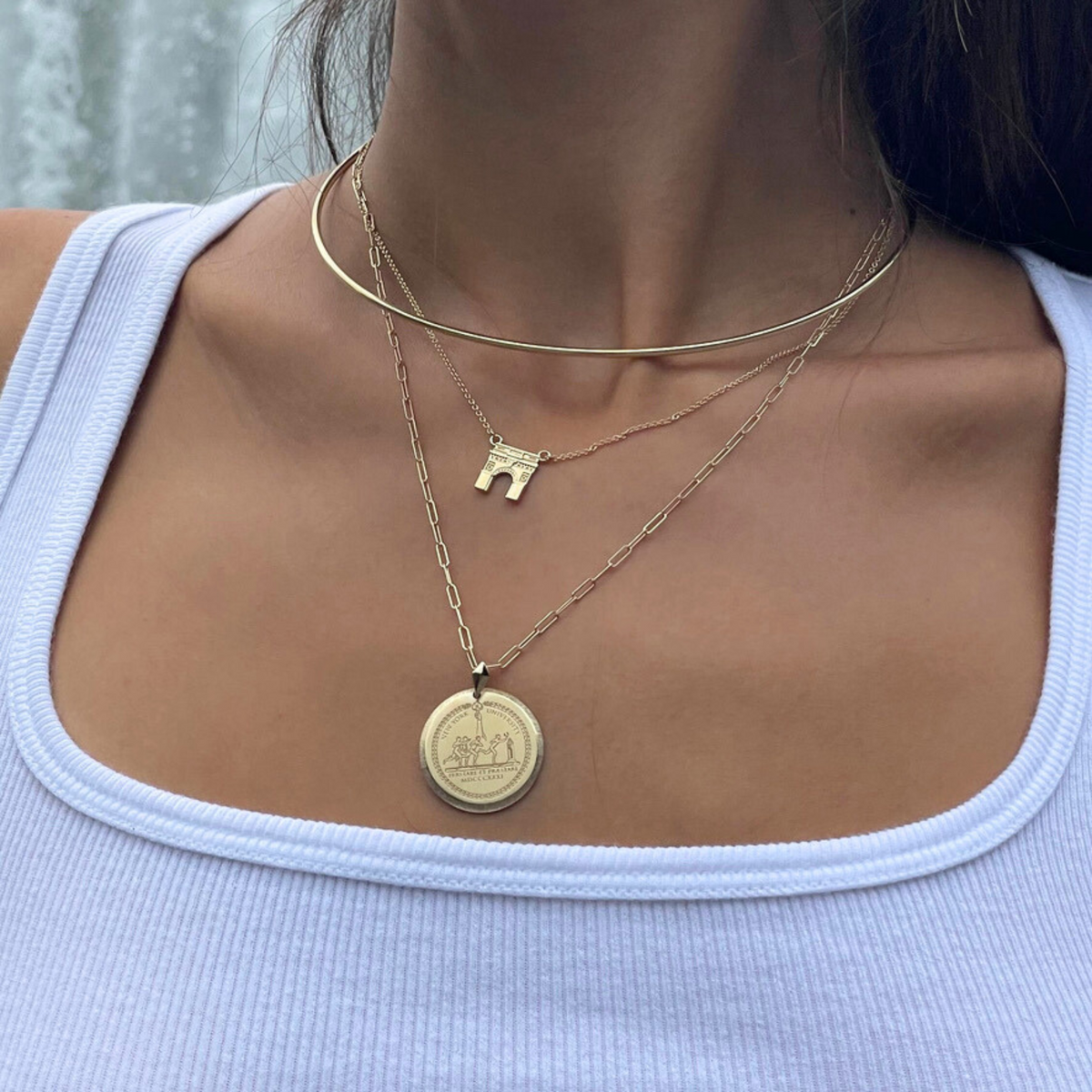 NYU Washington Square Arch Necklace on figure