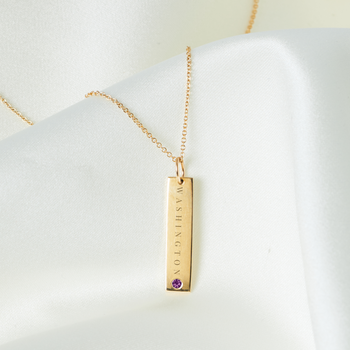 Washington Amethyst Gemstone Bar laydown shown in gold on cable chain