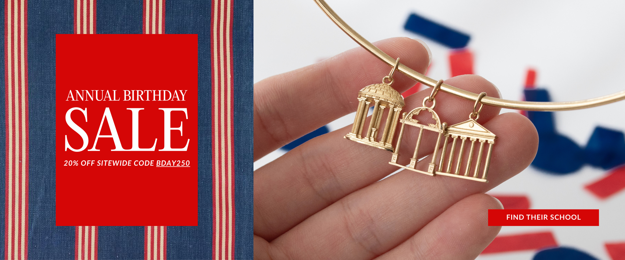 Gold UNC Old Well Pendant with UGA Arch Pendant with Ole Miss Lyceum pendant on Neck Collar held by a hand with a red sale banner on a multicolored background.