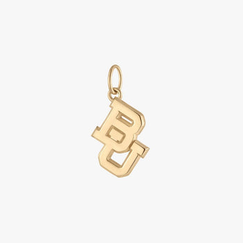 A gold-colored metal pendant charm featuring the interlocking letters 'BU' in a stylized collegiate font, complete with a top loop, shown on a plain white background.