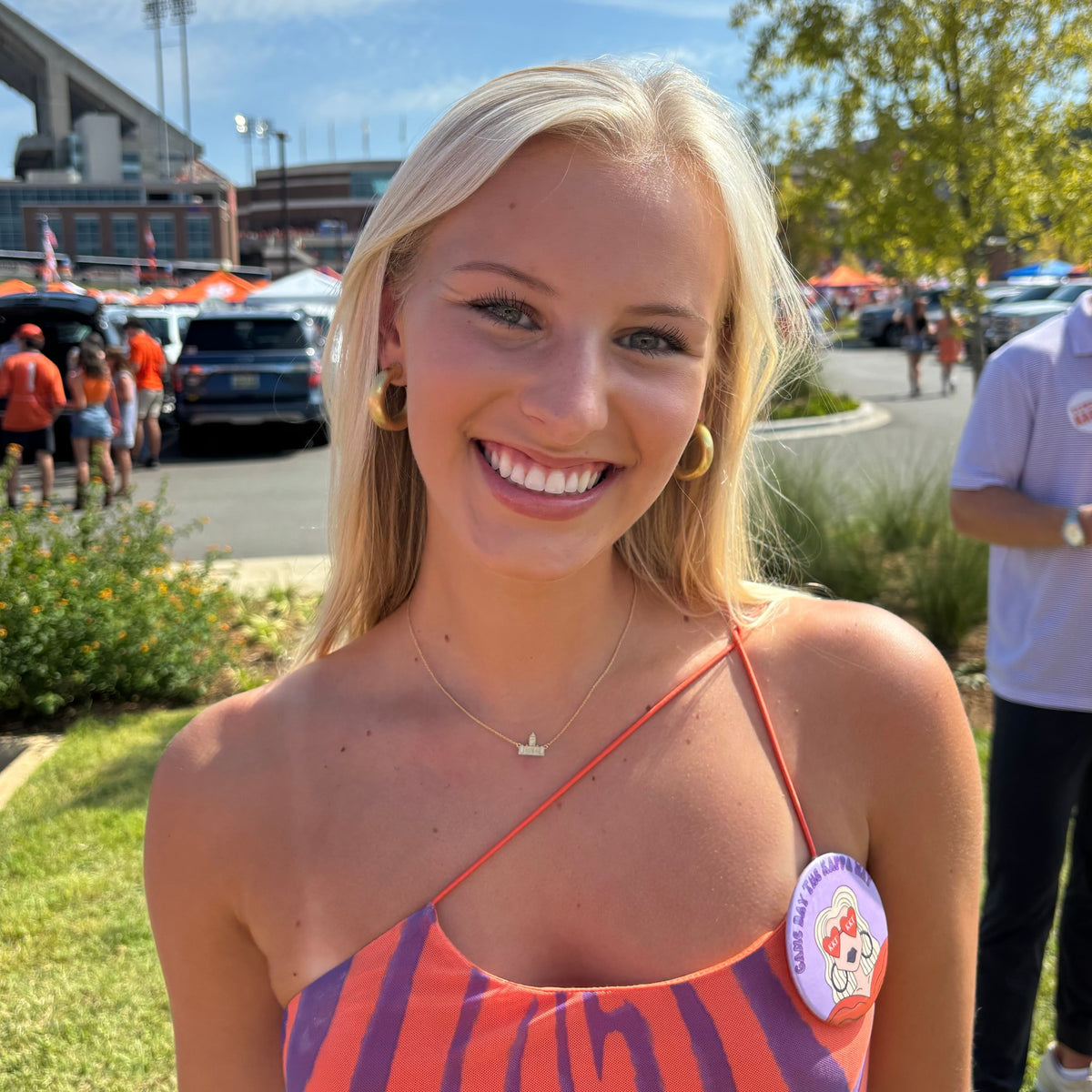 Clemson Tillman Hall Necklace shown on figure in gold