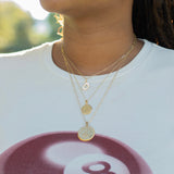 Ohio State Logo Charm shown on figure in gold on Link Chain with Ohio State Sunburst and Ohio State Florentine Necklace