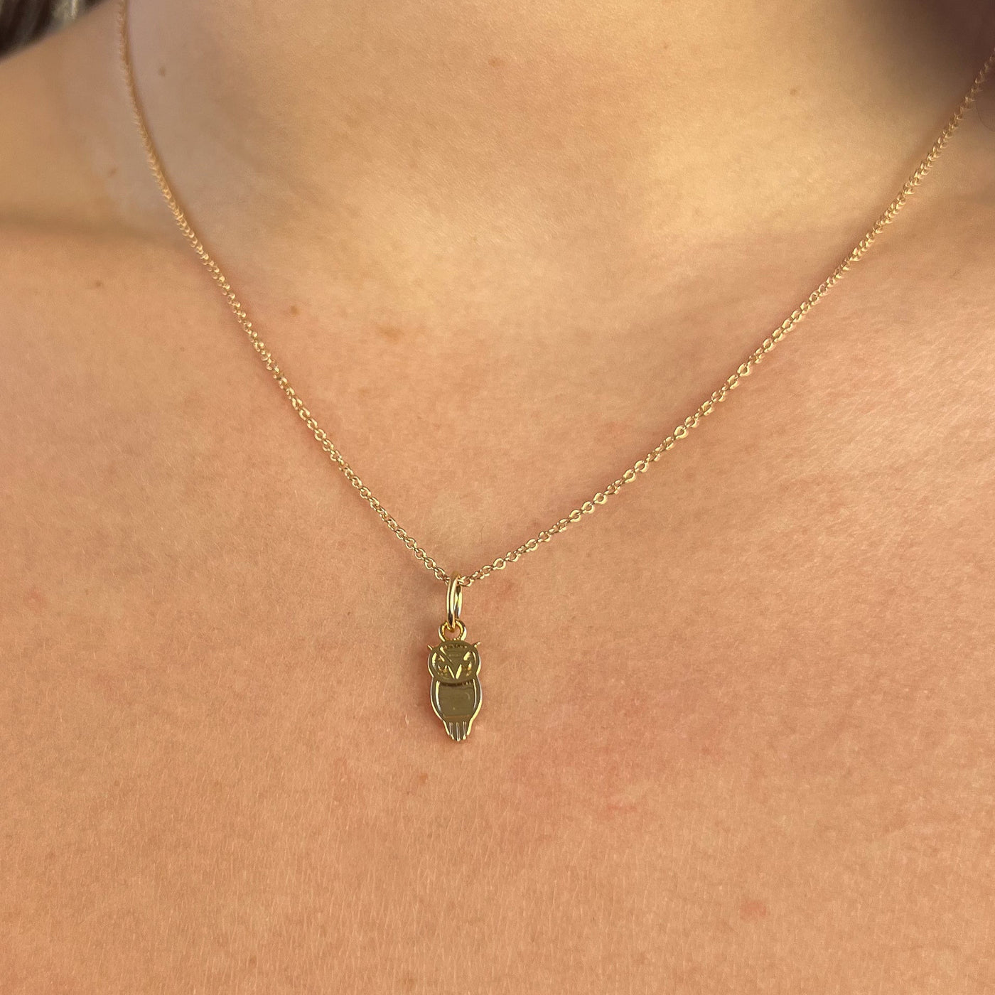 Chi Omega Owl Charm shown on figure in gold on Cable Chain