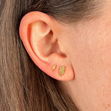 Chi Omega Owl Stud Earrings shown on figure in gold in size 5mm and size 8mm