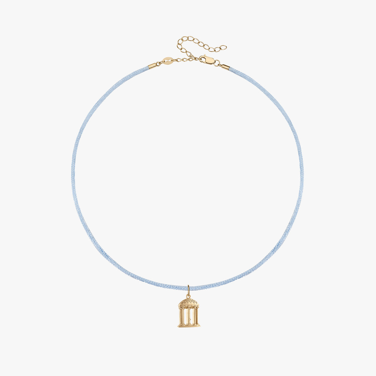 A delicate light blue beaded necklace with a small gold birdcage pendant, displayed on a clean white background.