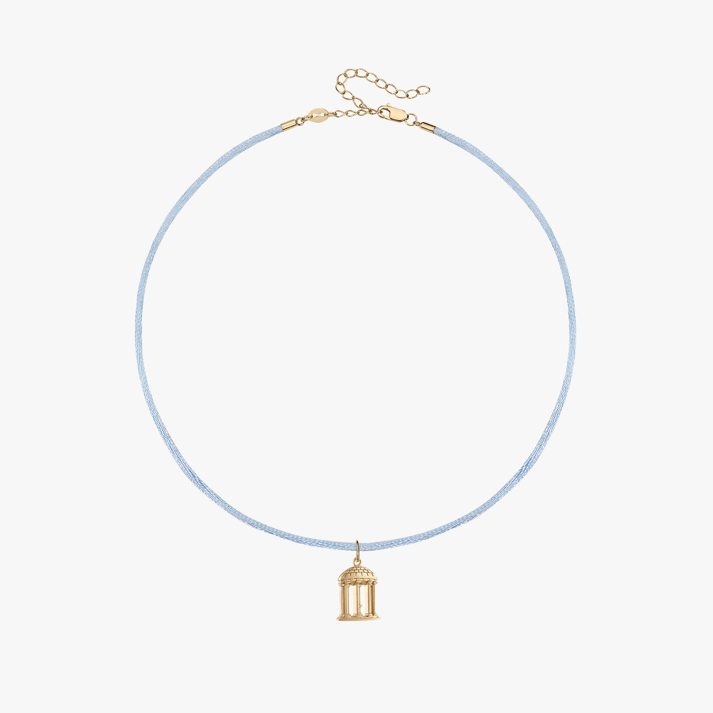 A delicate light blue beaded necklace with a small gold birdcage pendant, displayed on a clean white background.