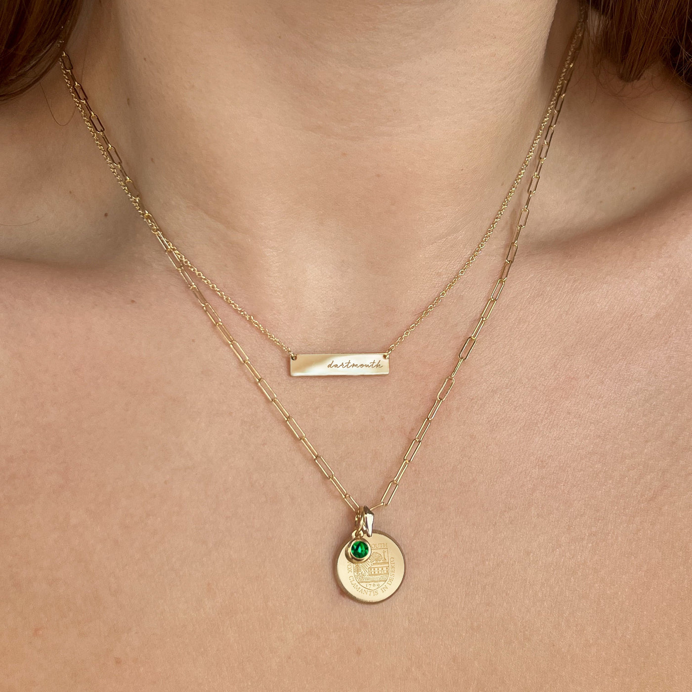 Dartmouth Horizontal Bar Necklace shown on figure in gold with Dartmouth Sunburst Bundle on Link Chain Necklace