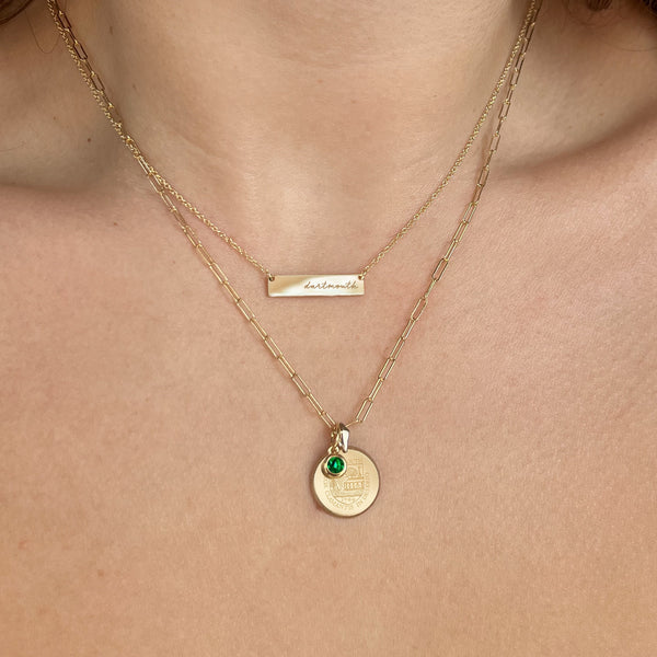 Dartmouth Florentine Necklace Petite shown in gold with Emerald Gemstone on Link Chain and Dartmouth Horizontal Necklace on figure