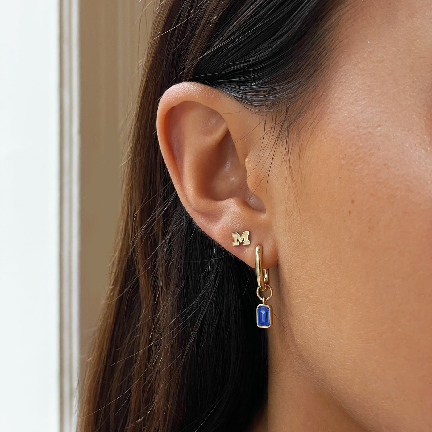 Michigan Sapphire Mini U Earring Bundle shown on figure in gold