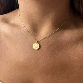 Syracuse Block S Florentine Necklace Petite shown on figure in gold on Cable Chain