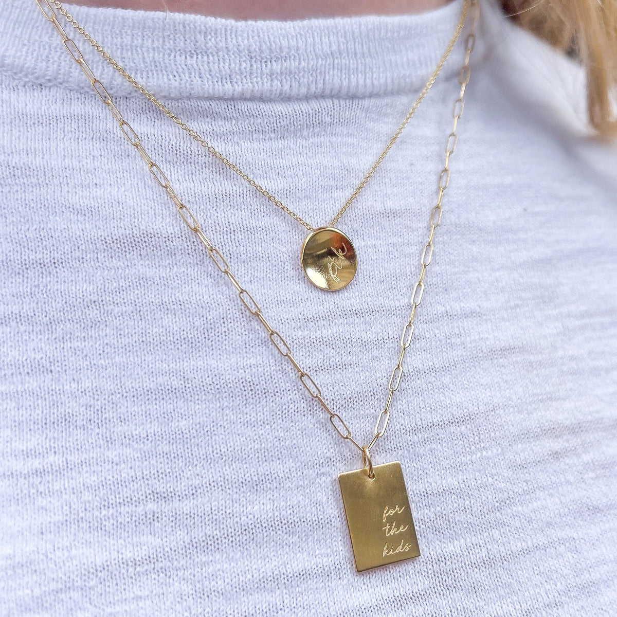 Penn State THON FTK Organic Necklace shown on figure in gold with For the Kids Rectangle Pendant on Link Chain