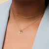 Georgetown Visitation Necklace shown on figure in gold with Link Chain Choker