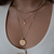 Gamma Phi Beta Moon Charm shown on figure in gold on Cable Chain with Gamma Phi Beta Crest Large Florentine Pendant on long Link Chain in gold with Neck Collar