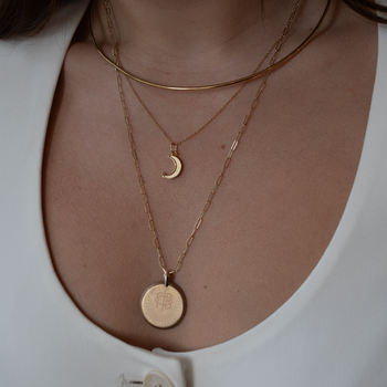 Gamma Phi Beta Moon Charm shown on figure in gold on Cable Chain with Gamma Phi Beta Crest Large Florentine Pendant on long Link Chain in gold with Neck Collar