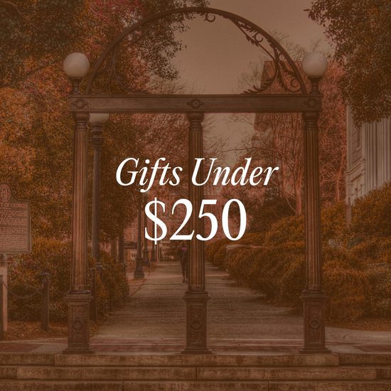 Gifts Under $250 graphic linking to Gifts Under $250 collection with photo of University of Georgia Arch in the background