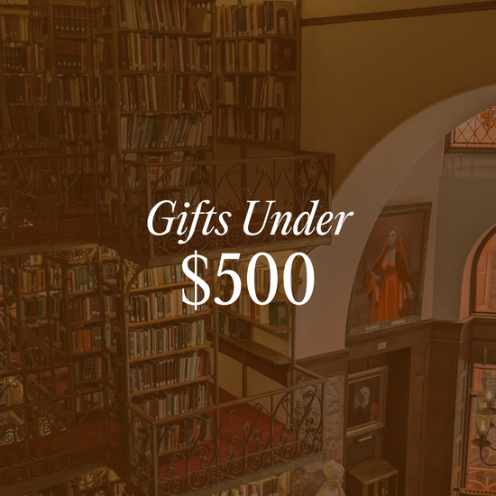 Gifts Under $500 graphic linking to Gifts Under 500 collection, with Cornell University Library in the background