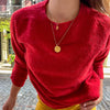 USC SC Charm shown on figure in gold with Cable Chain and USC Florentine Necklace on Link Chain in gold