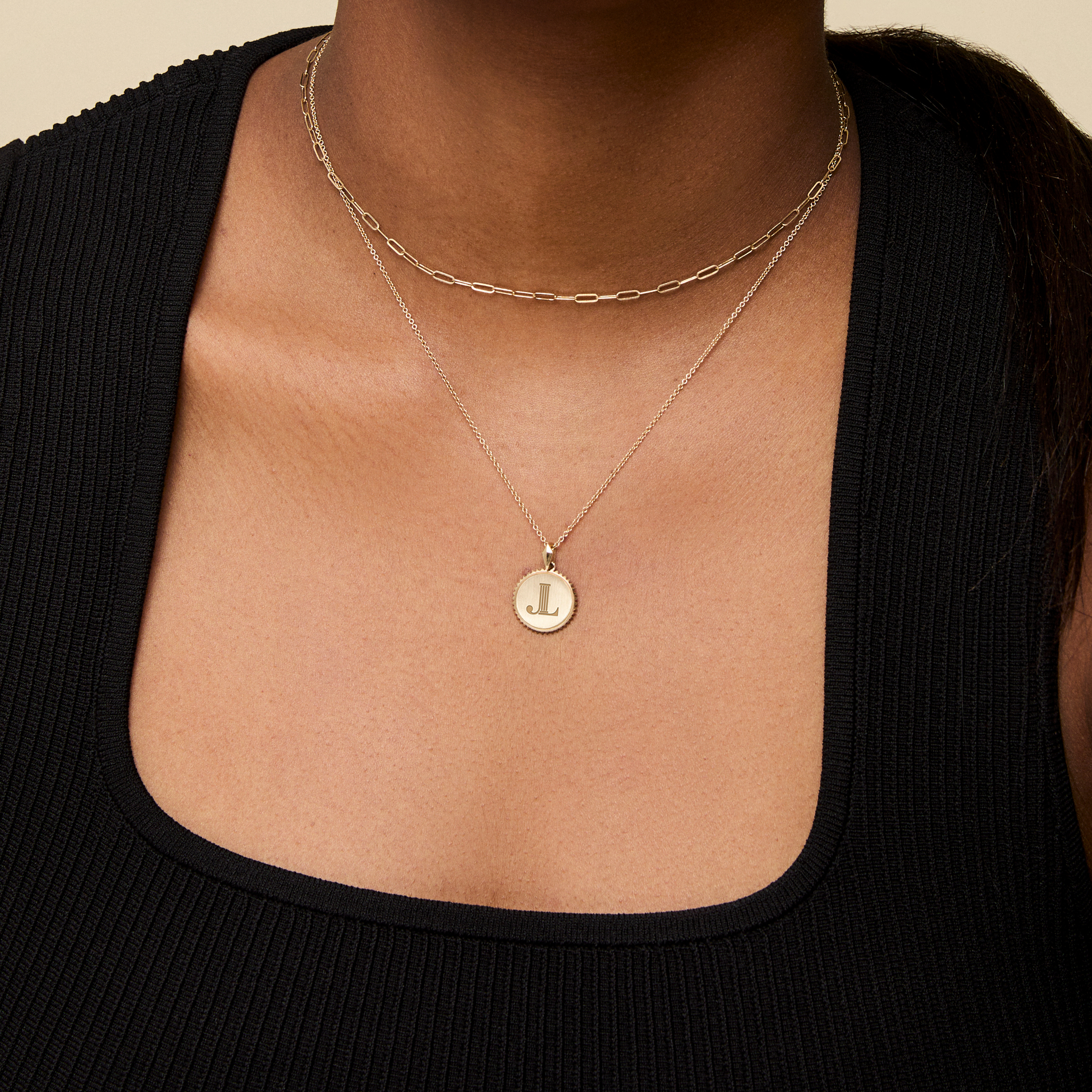 Junior League Sunburst Necklace shown on figure in gold with Link Chain Choker