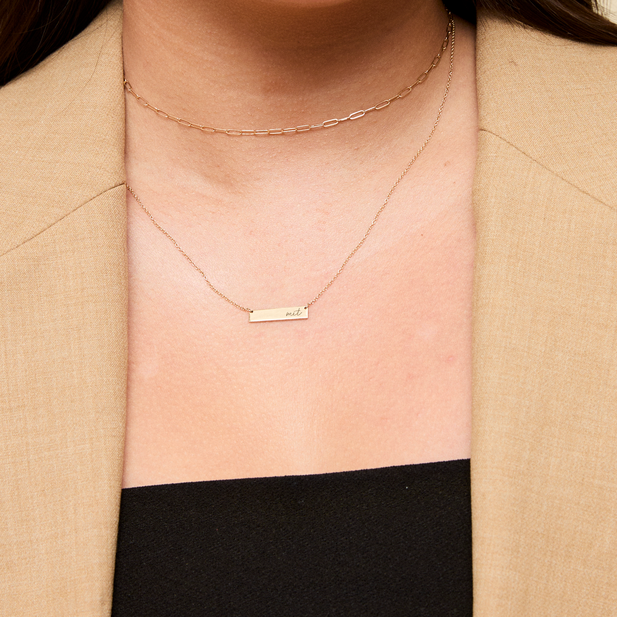 MIT Horizontal Bar Necklace shown on figure in gold with Link Chain Choker