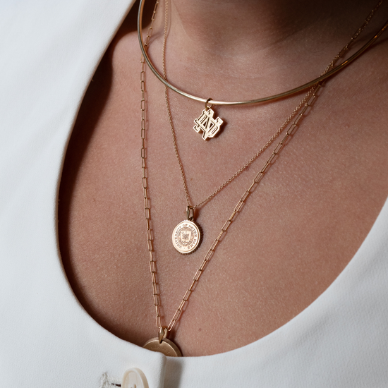 Close-up of a person wearing multiple gold necklaces with various pendants on a neutral background.