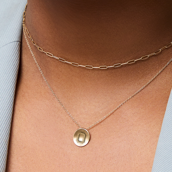 Ohio State O Necklace on figure shown in gold with the Link Chain Choker Necklace in gold