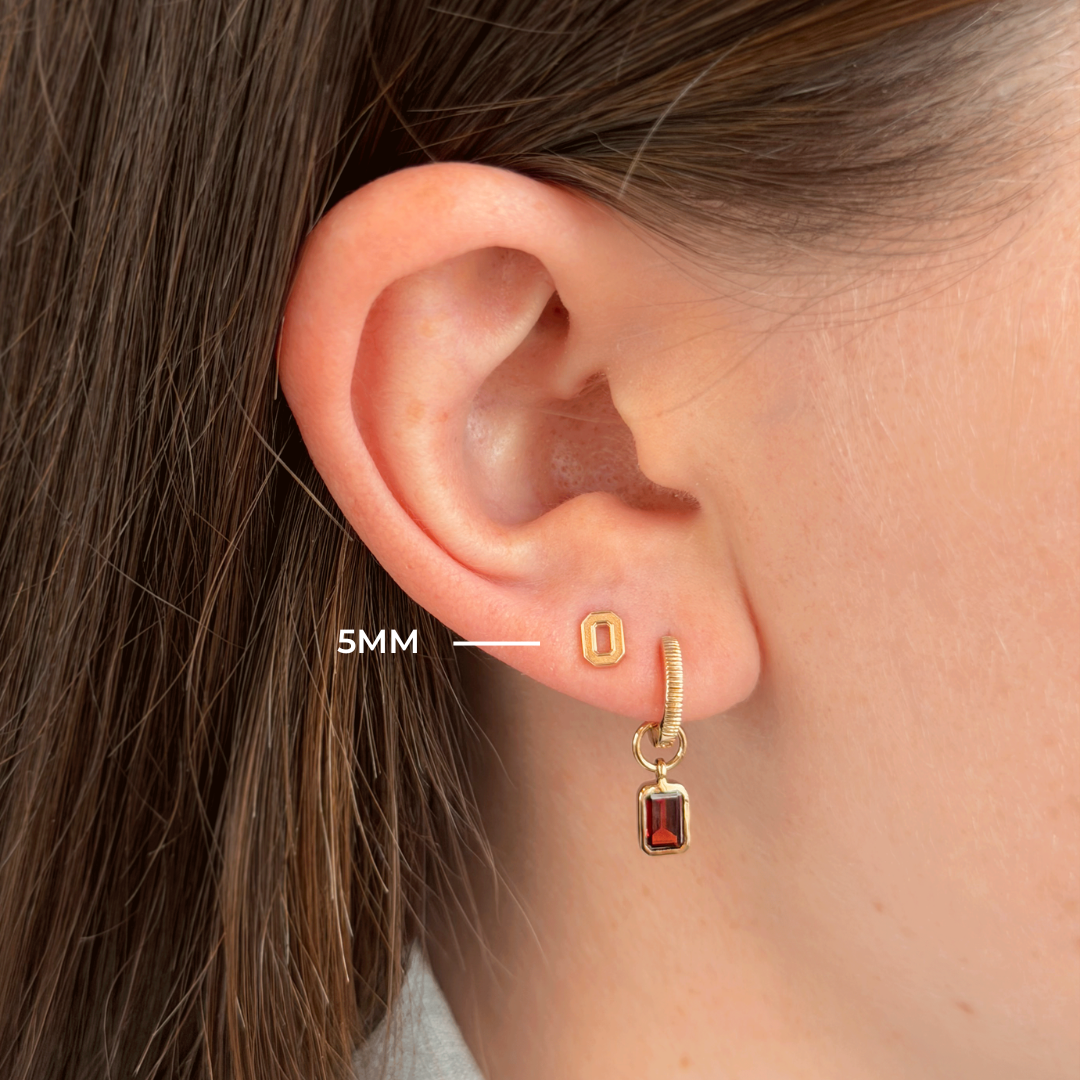 Ohio State Logo Stud 5mm shown on figure in gold with Garnet Florentine Earring Bundle