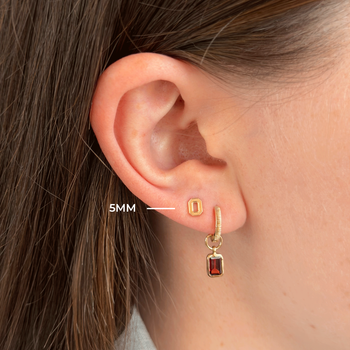 Ohio State Logo Stud 5mm shown on figure in gold with Garnet Florentine Earring Bundle