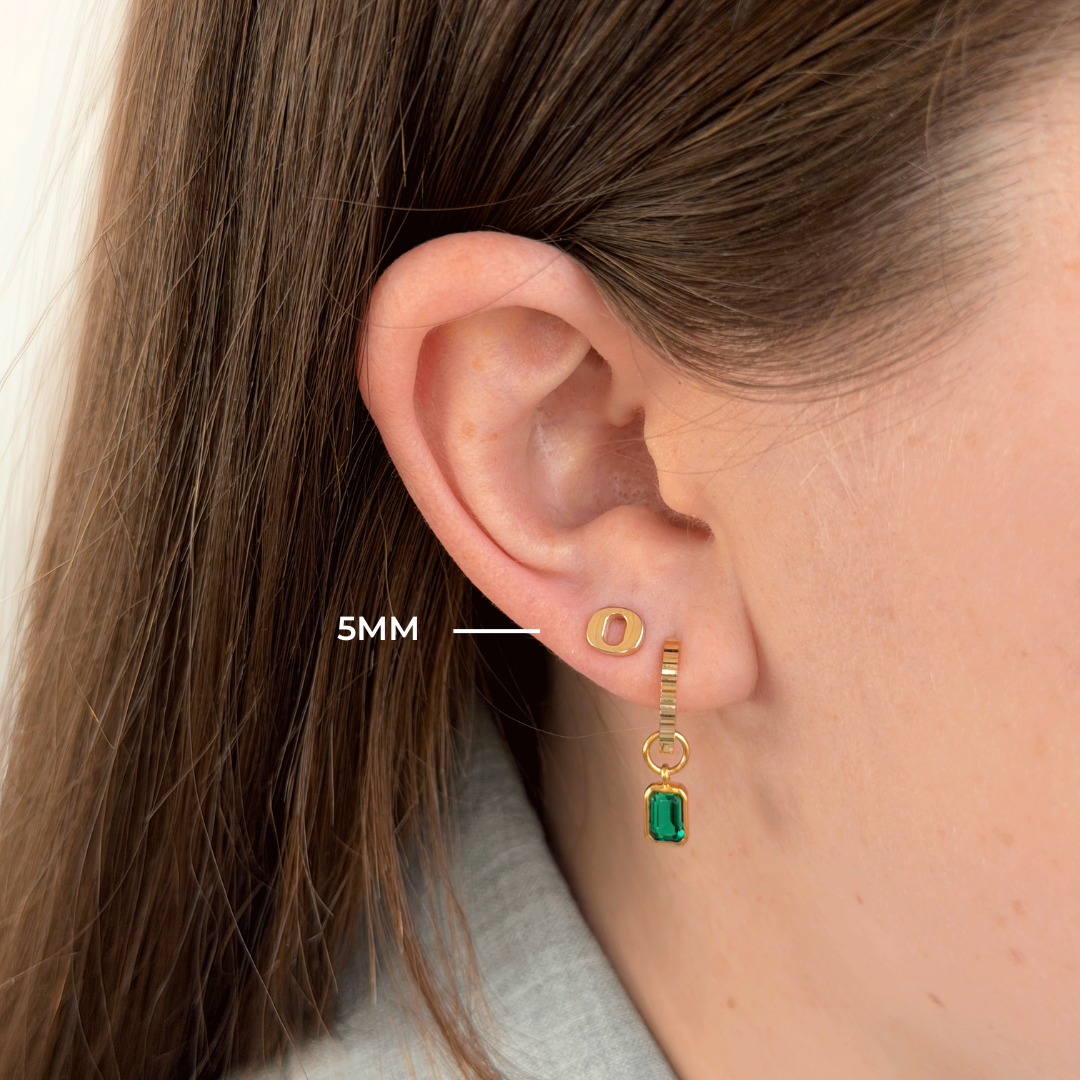 Oregon Logo Stud 6mm shown on figure in gold with Emerald Florentine Earring Bundle