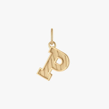A small gold initial pendant charm shaped like the letter 'P', featuring a textured finish and a top loop, shown on a plain light gray background.