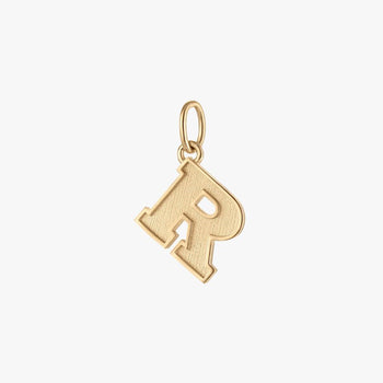 A gold initial pendant charm shaped like the letter 'R', featuring a textured finish and a small hanging loop at the top, shown against a plain white background.
