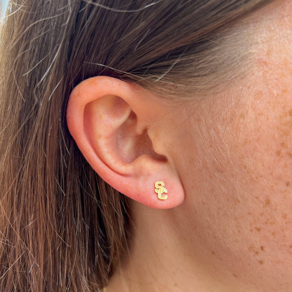 USC SC Stud Earring shown on figure in gold