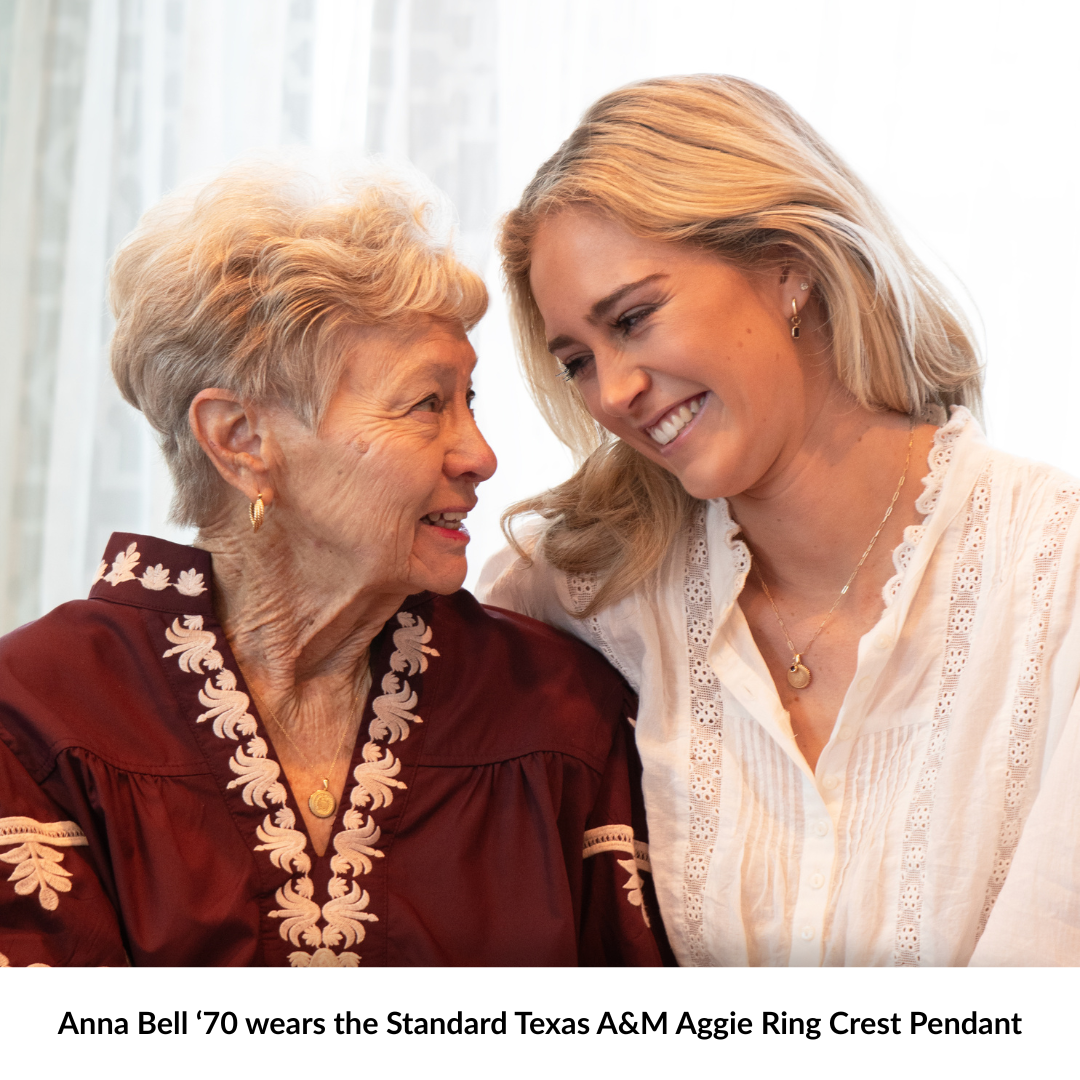 Texas A&M Aggie Ring Crest Pendant shown on figure in gold with Cable Chain in size Standard with Texas A&M Sunburst Bundle in gold on figure and Texas A&M Mini U Bundle in gold