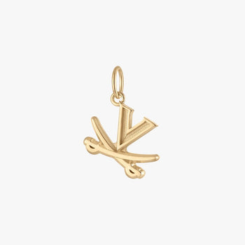 A gold-plated metal charm shaped like the UVA logo, shown against a plain white background.