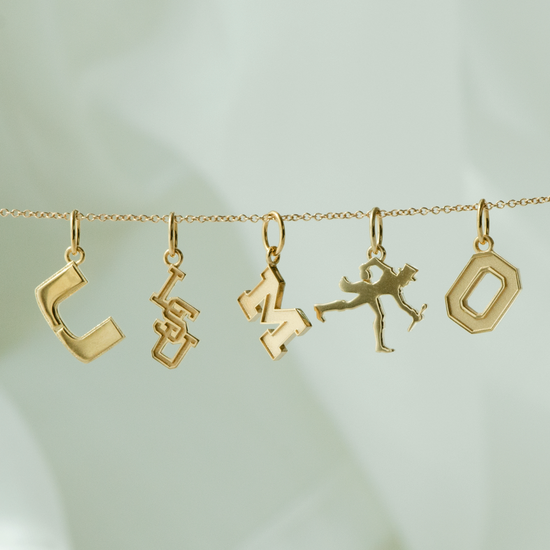 UMiami U Logo Charm, LSU Letters Logo Charm, Michigan M Logo Charm, Wake Forest Walking Deacon Charm, Ohio State O Logo Charm shown in gold on Cable Chain