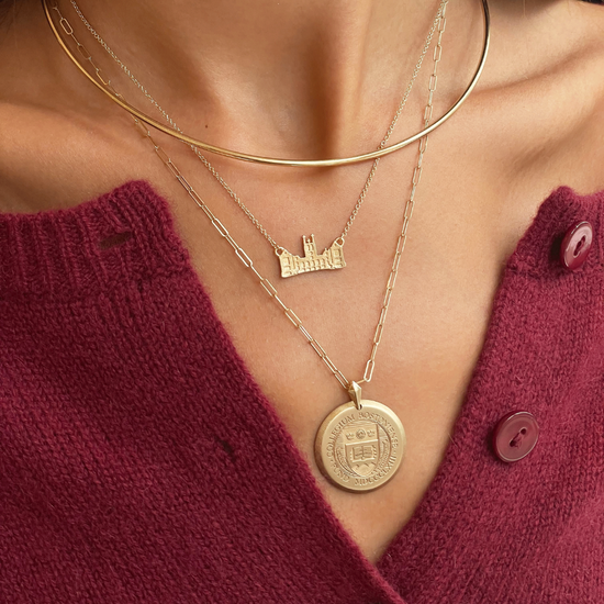 BC (Boston College) Florentine Pendant shown on figure in Cavan Gold on Link Chain with BC Gasson Hall Necklace in Cavan Gold and Neck Collar in Cavan Gold on figure