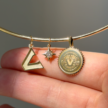 Vanderbilt Logo Charm, North Star Charm, and Vanderbilt Sunburst Pendant shown on Neck Collar in gold