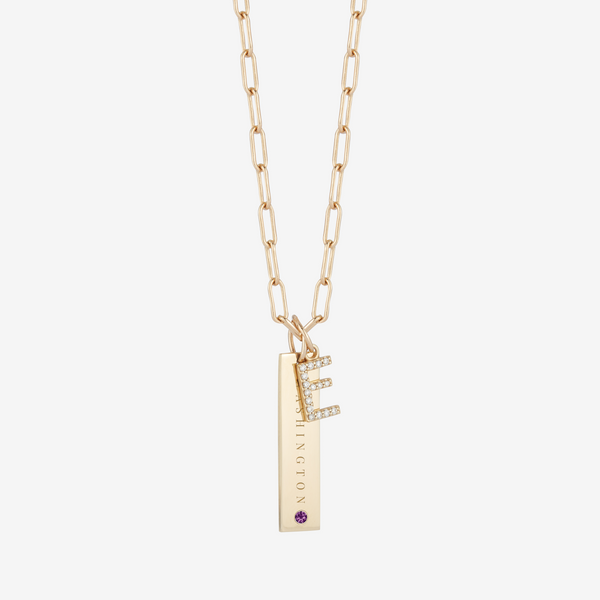 Washington University Vertical Amethyst Bar shown in gold with E Diamond Initial Charm on Link Chain