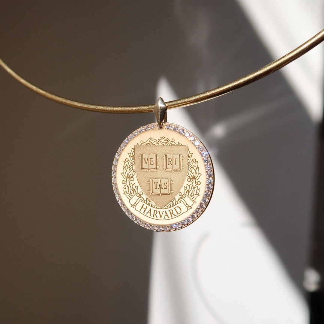 Harvard Diamond Florentine Pendant shown on Neck Collar in gold