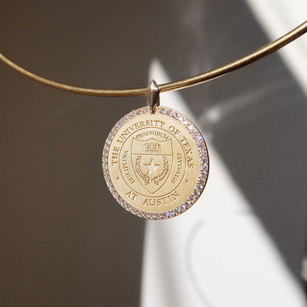 UT Diamond Florentine Pendant shown on Neck Collar