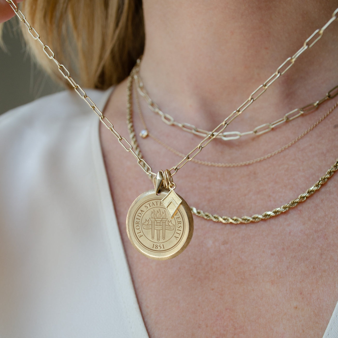 FSU Florentine Pendant shown on Link Chain in Large size with Kappa Alpha Theta Kite Charm in gold