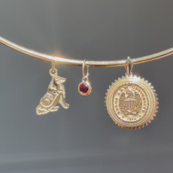 Texas A&M Reveille Charm shown on Neck Collar with Garnet Gemstone Charm and Texas A&M Aggie Ring Crest Pendant in gold